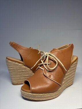 La Victoire Tan Leather Lace-Up Espadrille Wedge Sandals Peep Toe Slingback S6